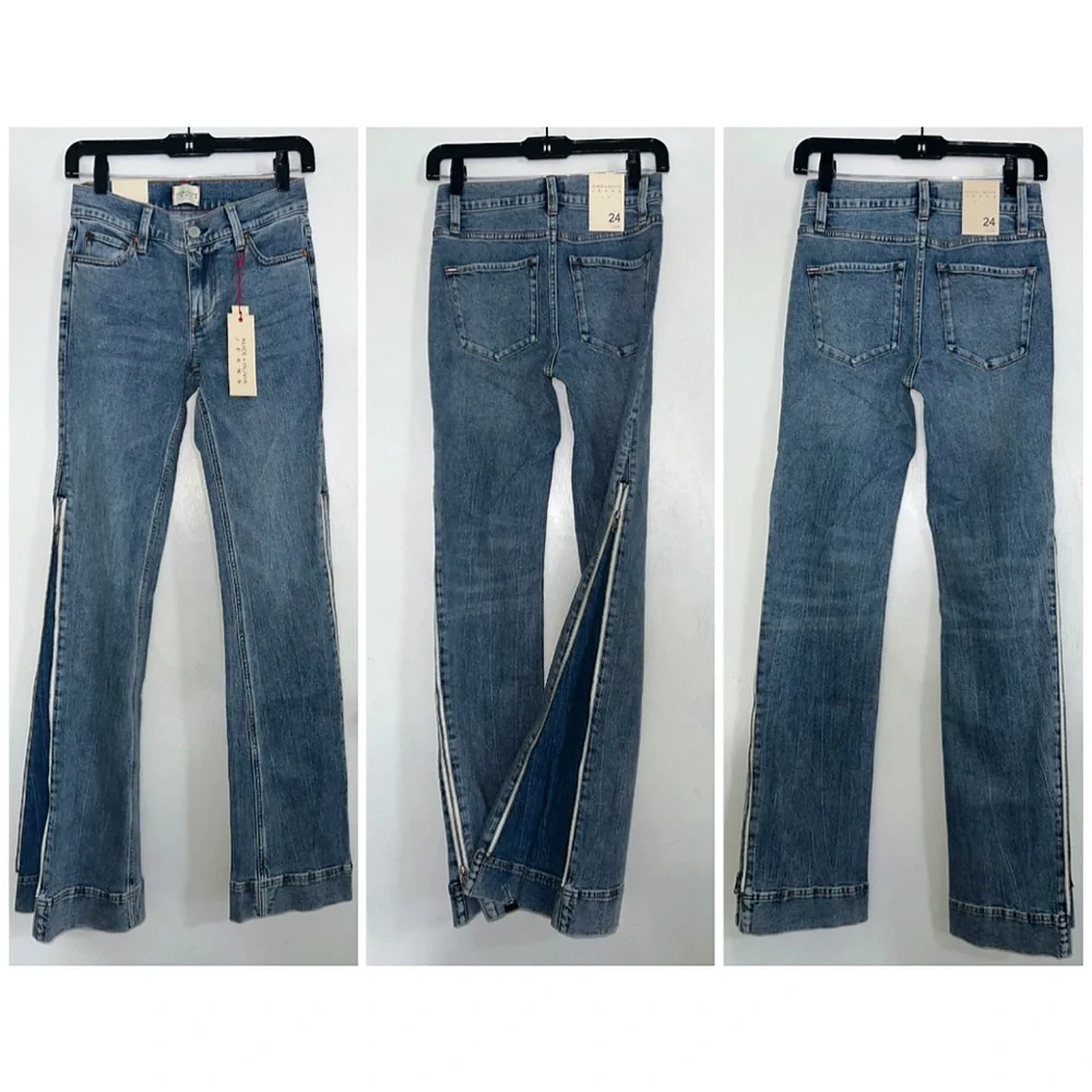 Alice + Olivia Rey Side Zipper Blue Off White Wide Leg Jeans - Picture 5 of 16